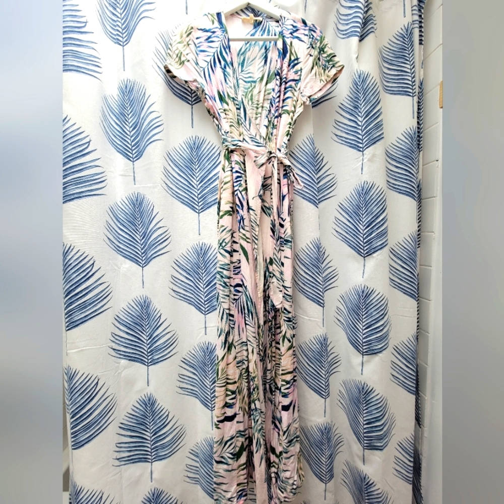 Vacation Maxi Dress with Tie Wrap Bodice Palm Leaves 🌴🌺